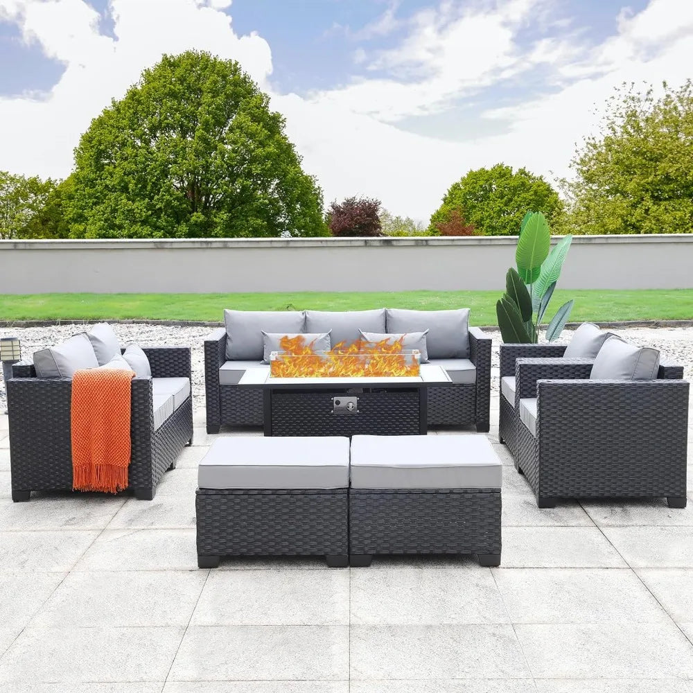 7 Piece Outdoor Furniture Set, Set Non-Slip Cushions & Waterproof Cover, 45 Inch Outdoor Propane Fire Pit Table Patio Furniture