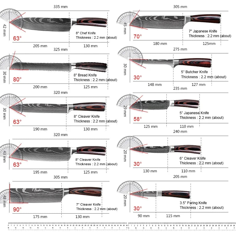 Japanese Kitchen Knives Set Laser Damascus Pattern Chef Knife Sharp Santoku Cleaver Slicing Utility Knives Tools