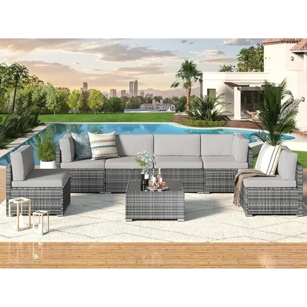 7-piece patio furniture set modular wicker outdoor sectional sofa PE rattan outdoor set with pillowtop cushions and coffee table