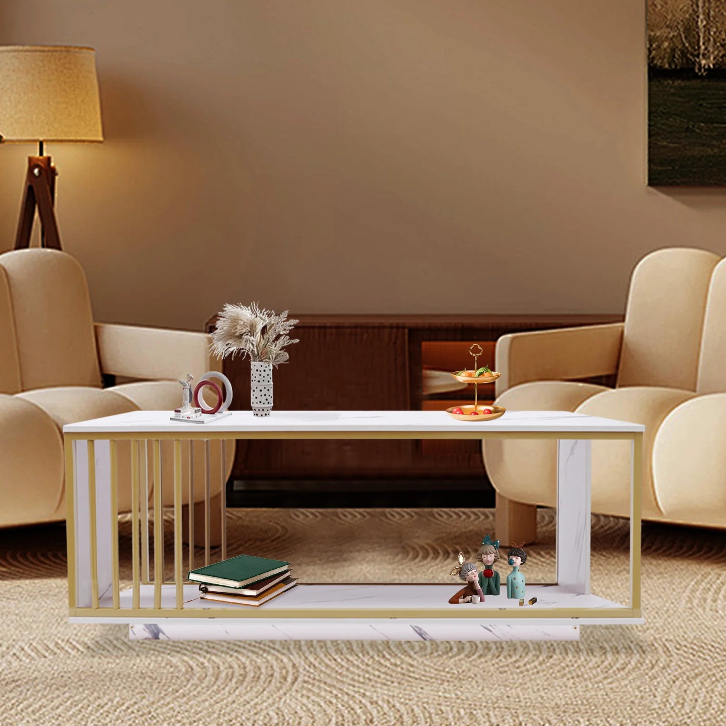 Modern 2-Tier White+Gold Coffee Table High Gloss Marble Veneer Rectangle Living Room Furniture, Waiting Area Table