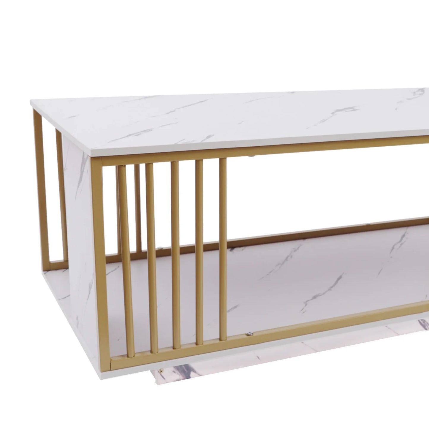 Modern 2-Tier White+Gold Coffee Table High Gloss Marble Veneer Rectangle Living Room Furniture, Waiting Area Table