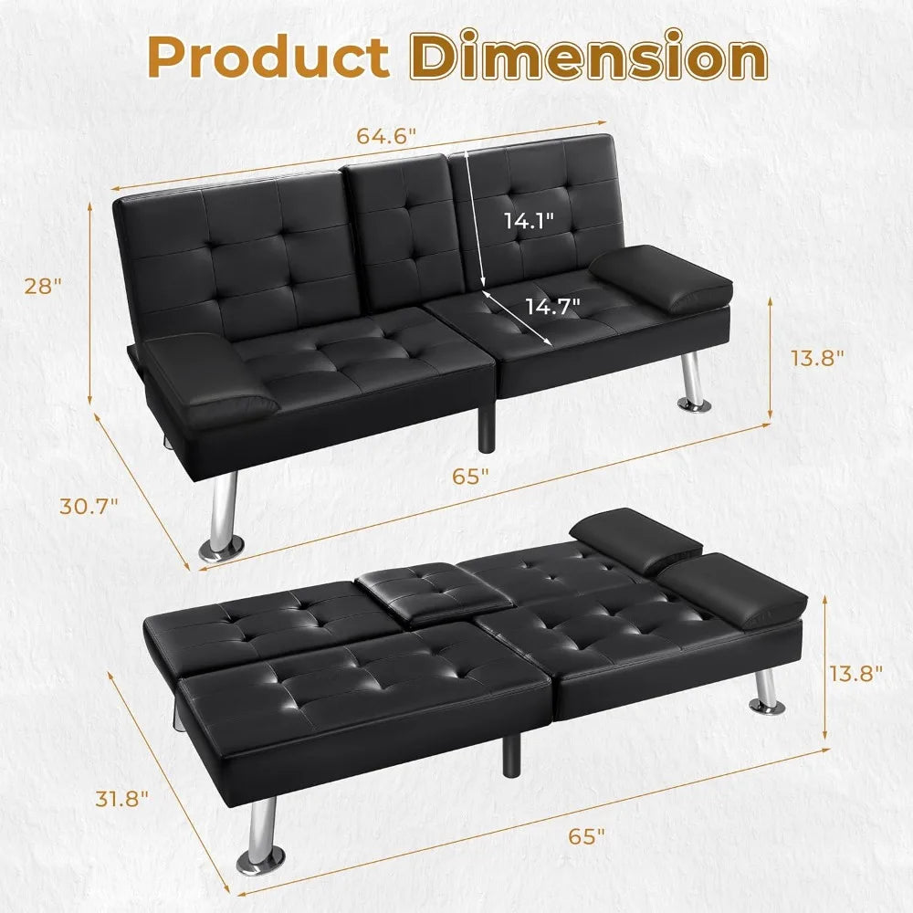 Futon living room sofa bed modern faux leather sofa convertible folding adjustable chaise longue with 2 cup holders and armrests